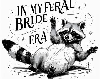 Feral Bride Raccoon T-Shirt Design: Whimsical Black & White JPG