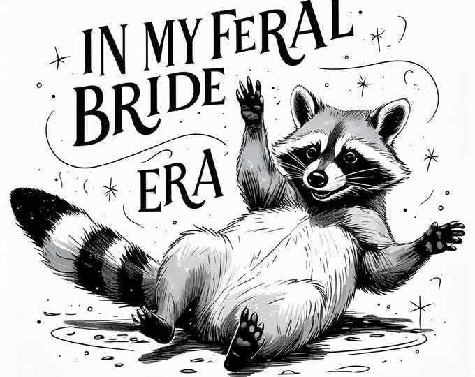 Feral Bride Raccoon T-Shirt Design: Whimsical Black & White JPG