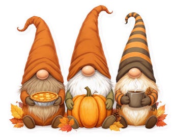 Cozy Fall Gnome PNG Digital Cliparts – Pumpkin, Coffee & Autumn Leaves Sublimation Art