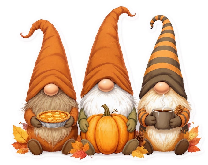 Cozy Fall Gnome PNG Digital Cliparts – Pumpkin, Coffee & Autumn Leaves Sublimation Art