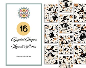 Digital Scrapbook Paper Kawaii Halloween Whimsical Witch, Cats, Bats Seamless Background, Fall, Floral