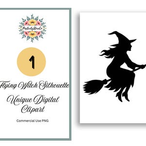 Könnte beinhalten: Schwarze Silhouette einer Hexe auf einem fliegenden Besen vor weißem Hintergrund. Das Bild ist ein digitaler ClipArt, mit dem Text "Flying Witch Silhouette Unique Digital Clipart". Ein Blumendesign ist ebenfalls vorhanden.