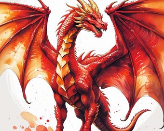 Watercolor Dragon Clipart: Fiery Fantasy Art, PNG (Digital Download)