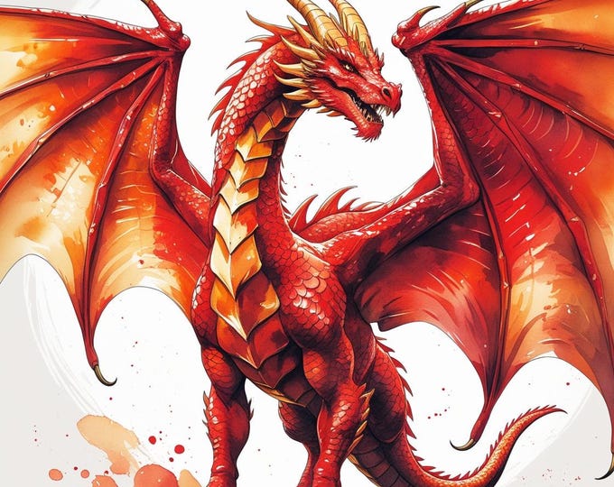 Watercolor Dragon Clipart: Fiery Fantasy Art, PNG (Digital Download)