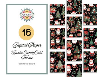Kawaii Christmas Digital Scrapbook Paper: Santa, Candy Cart Pattern JPG Digital Download