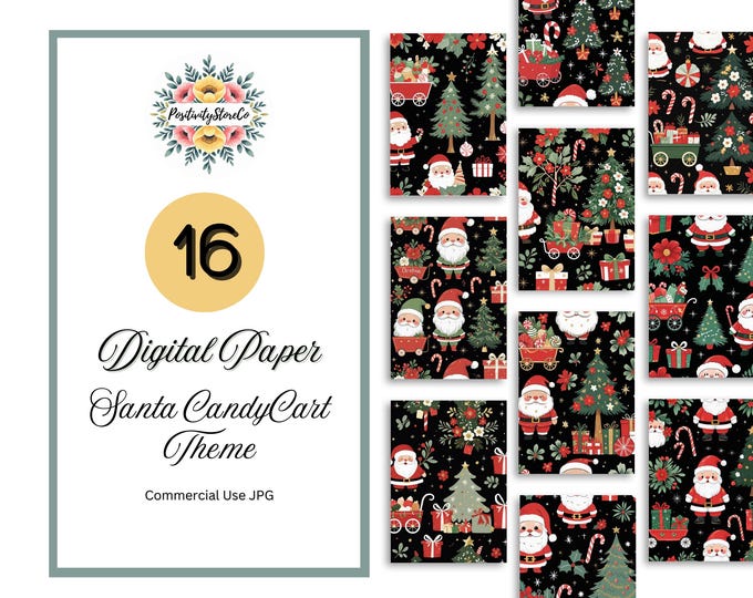Kawaii Christmas Digital Scrapbook Paper: Santa, Candy Cart Pattern JPG Digital Download
