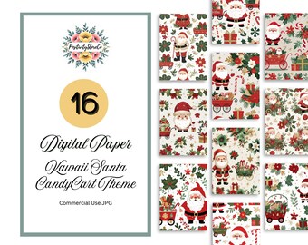 Kawaii Christmas Digital Scrapbook Paper: Santa, Candy Cart & Holiday Florals
