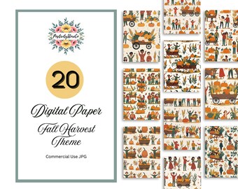 Fall Harvest Digital Scrapbook Paper: Whimsical People, Pumpkins, Harvest Cart JPG