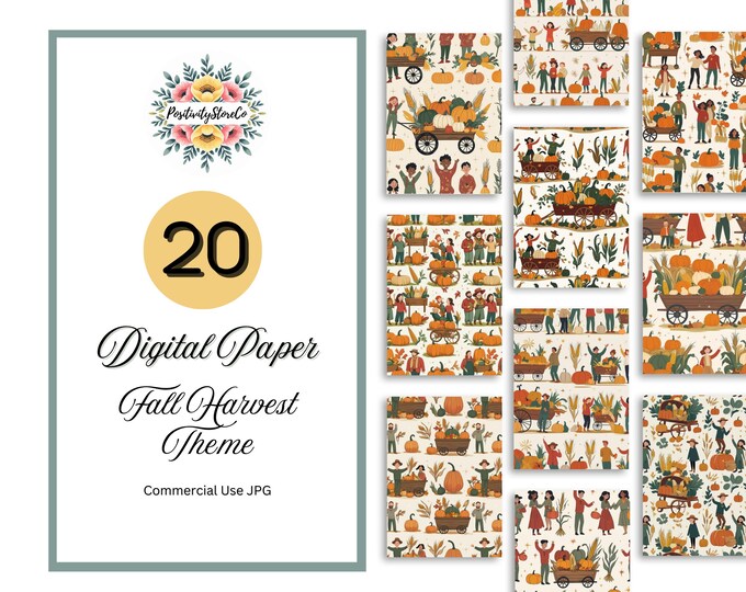 Fall Harvest Digital Scrapbook Paper: Whimsical People, Pumpkins, Harvest Cart JPG