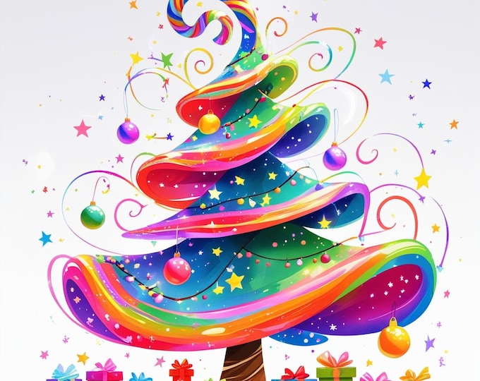 Whimsical Rainbow Christmas Tree Sublimation Colorful Holiday Clipart with Presents & Ornaments