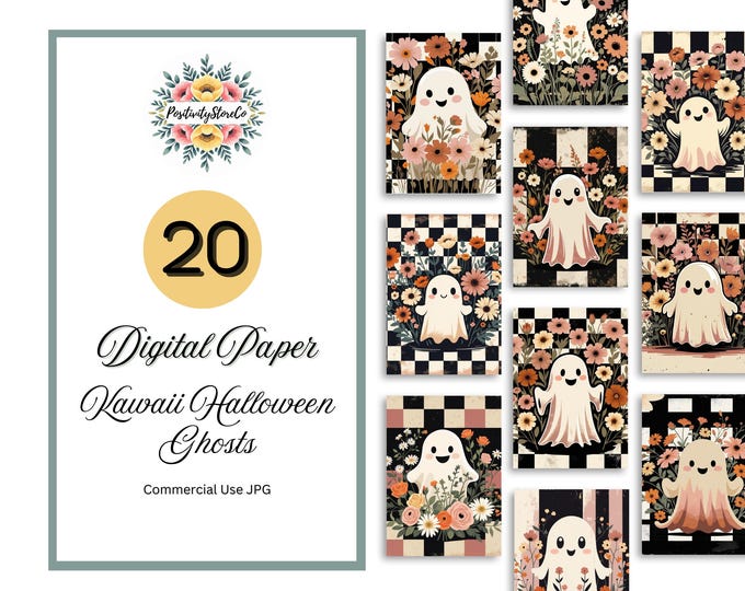 Digital Clipart Cute Ghost with Wildflowers Scarpbook Paper Sublimation Vintage Floral Halloween with Checkerboard Rustic Tote Bag