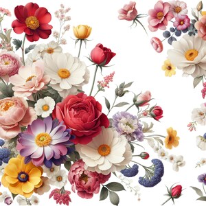 Op de afbeelding: Een levendig bloemstuk met een verscheidenheid aan bloemen in tinten rood, roze, wit, geel en paars. De bloemen omvatten rozen, madeliefjes en andere bloesems, tegen een witte achtergrond. De afbeelding toont een kleurrijke en gedetailleerde botanische weergave.