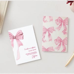 Convite de aniversário estilo Coquette editável no Canva – rosa vintage com laços