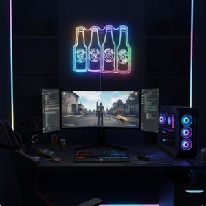 Könnte beinhalten: Ein Gaming-Setup mit einem Neon-Schild von Bierflaschen. Der Schreibtisch verfügt über einen gebogenen Monitor, der ein Videospiel anzeigt, eine Tastatur und eine Maus. Ein Computerturm mit bunten Lichtern befindet sich rechts, und ein Gaming-Stuhl ist im Vordergrund.
