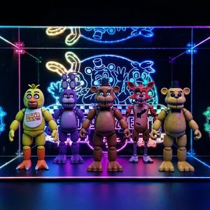 May include: Five animatronic figures from the video game Five Nights at Freddy's are displayed in a neon-lit case. The characters include a yellow chicken, purple rabbit, brown bear, red fox, and golden bear. The background features neon graphics.