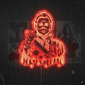 Pode incluir: Uma placa de néon vermelha que retrata uma figura com uma expressão séria, com o punho cerrado. A placa tem uma estética vintage e desgastada, com um fundo escuro e toques de cartazes de filmes. A placa tem um efeito de gotejamento na parte inferior.
