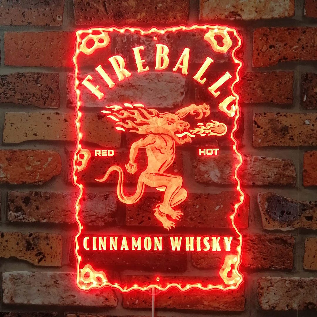 Custom Fireball Whisky LED Sign – Personalized Home Bar Pub Sign – Acrylic & Wood – USA Made