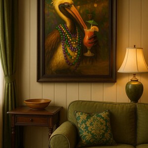Framed Art Print, Colorful Pelican Wall Decor, Mardi Gras Vibe, Tropical Home Decor, Gift for Bird Lovers, Beach House Art, 24x36