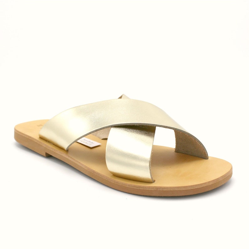 Greek leather slides,metallic slides metallic sandals Gold crisscross slides leather slides gold sandals womens slides womens sandals