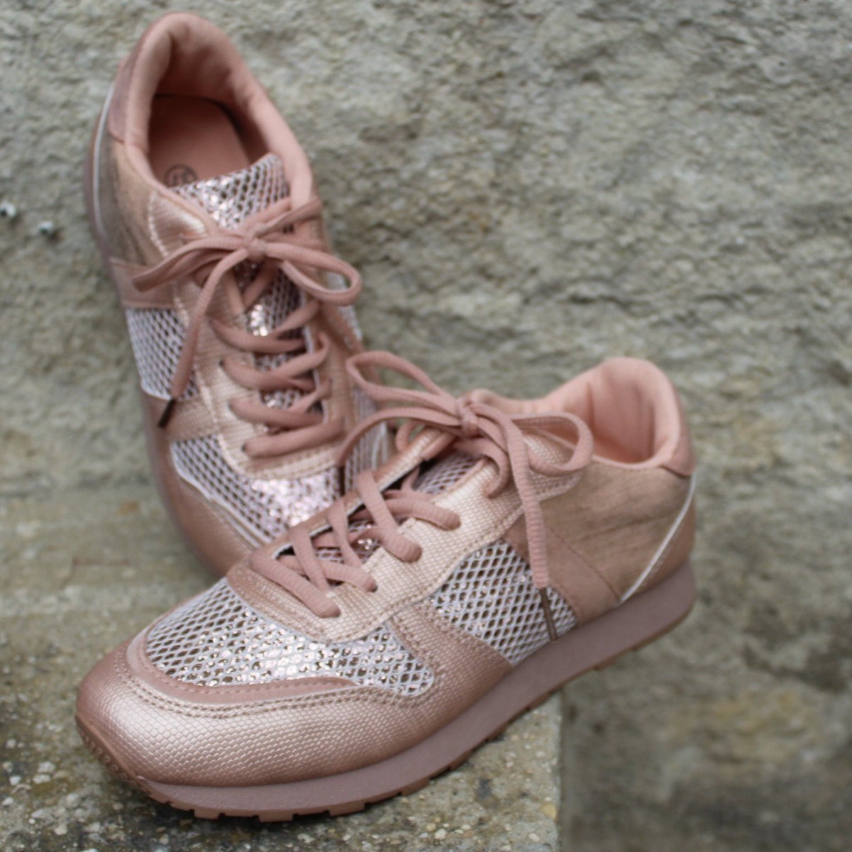 Rose Gold Glitter Sneakers Pink Lace 