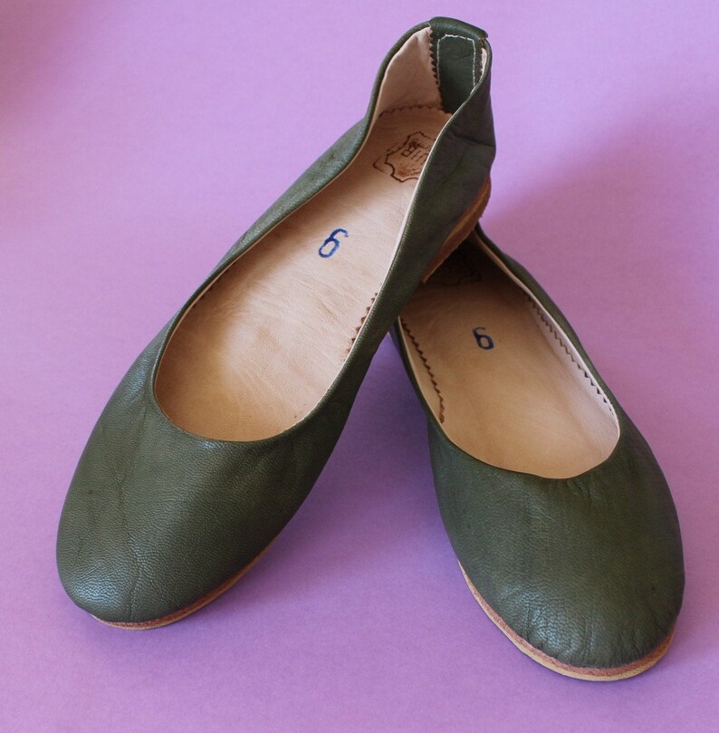 SIZE 37leather Ballet Flats in Deep Green Shoes in Olive Etsy UK
