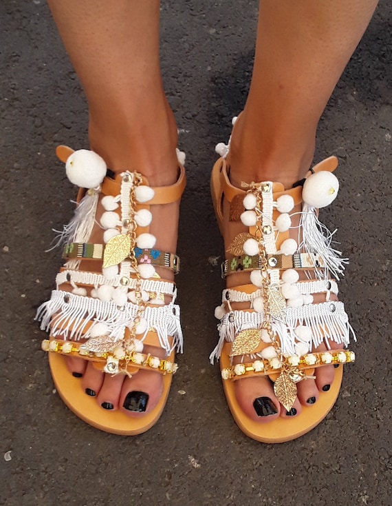 Sandalias boho blancas gladiadores étnicos sandalias de | Etsy México