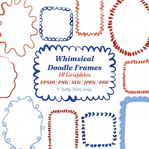 May include: A collection of whimsical doodle frames in red, blue, and light blue. The image includes various frame shapes, such as wavy lines, scalloped edges, and dotted borders. Text reads "Whimsical Doodle Frames 18 Graphics".