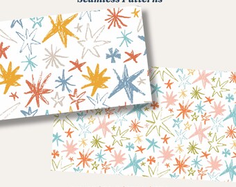 Crayon Stars Seamless Pattern, Hand-Drawn Kids Background (eps, png, jpeg, pdf)