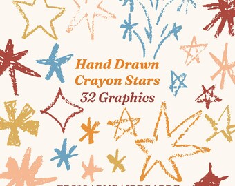 32 Crayon Stars Clipart Set, Kids Style Doodle Stars Graphics Bundle | Hand Drawn Textured Starbursts ( eps10, PNG, JPEG, PDF )
