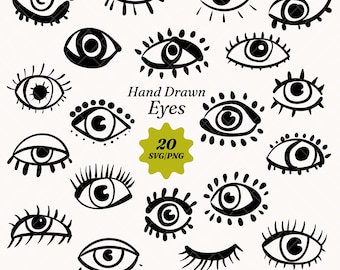Paquete de imágenes prediseñadas de ojos dibujados a mano / Paquete SVG de ojo turco / Silueta de ojo abocetado / Tercer ojo tribal digital (PNG, SVG)