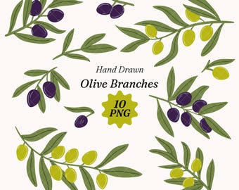 Olive Branch Clipart PNG, Hand Drawn Botanical Illustrations, Greenery Wedding Graphics Bundle (Digital Download)