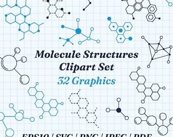 Molecule Chemical Structure Clipart | Science 32 Thin Line Graphics ( eps10, svg, png, jpeg, pdf )