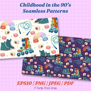 May include: A digital graphic titled Childhood in the 90's Seamless Patterns featuring two rectangular swatches with illustrations of rainbow slinkies, teal jump ropes, high-top sneakers, rollerblades, and strawberry-patterned cubes.
