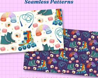 90s Nostalgia Seamless Pattern | Retro Toys, Roller Skates, Jump Rope (Digital Download)