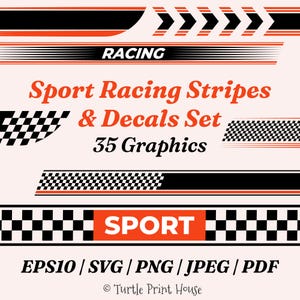 Puede incluir: Un conjunto de rayas y calcomanías de carreras deportivas en negro, naranja y blanco. La imagen incluye varios elementos gráficos, como líneas de velocidad, patrones de cuadros y las palabras "RACING" y "SPORT". El conjunto contiene 35 gráficos.