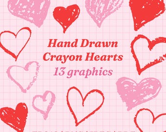 Hand Drawn Crayon Hearts Clipart | 13 Wax Texture Graphics (eps, png, jpeg, pdf)