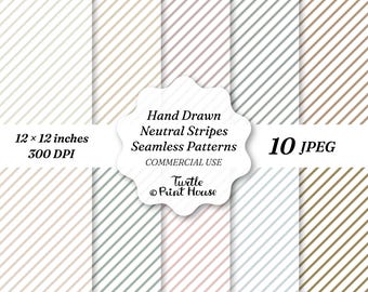 Neutral Stripes Digital Paper Pack, Hand Drawn Seamless Diagonal Striped Backgrounds, Beige Cream Grey Scrapbook Paper, 10 JPEG Bundle