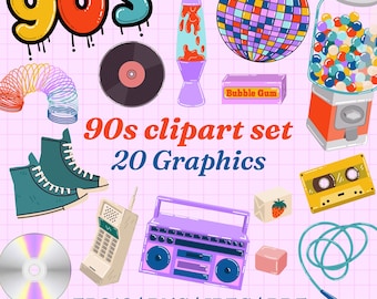 90s Retro Clipart Bundle | Disco Ball, Cassette, Boombox Graphics (eps, png, jpeg, pdf)