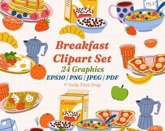24 Breakfast Graphics | Fried Eggs, Pancakes, Waffles, Coffee | Food Illustrations ( EPS10, JPEG, PNG, PDF )