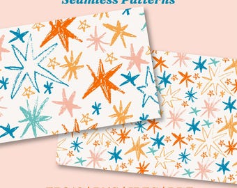 Hand Drawn Crayon Stars Seamless Patterns | Oil Pastel Texture Digital Paper (eps, png, jpeg, pdf)