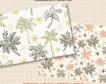 Hand Drawn Palm Trees Stars Seamless Patterns | Gender Neutral Palette (eps, png, jpeg, pdf)