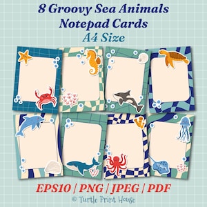 Groovy Sea Animals Notepad Cards | Ocean Theme Frames with Stickers (eps, png, jpeg, pdf)