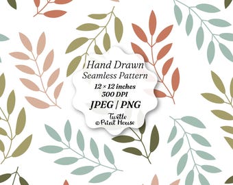 Earthy Botanical Seamless Pattern | Boho Leaves Digital Paper | Hand Drawn Foliage Background | Leaf Pattern PNG JPEG