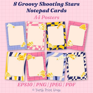 8 Groovy Shooting Stars Notepad Cards, Checkered Stationery, A4 Prints ( eps10, png, jpeg, pdf )