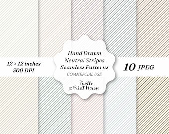 Neutral Stripes Digital Paper Pack, Hand Drawn Seamless Diagonal Striped Backgrounds, Beige Cream Grey Scrapbook Paper, 10 JPEG Bundle