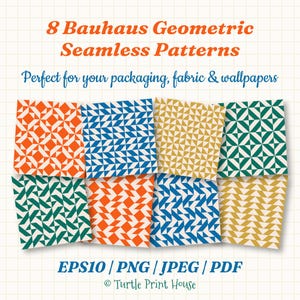 Könnte beinhalten: Eine digitale Sammlung von 8 nahtlosen geometrischen Bauhaus-Mustern mit orangefarbenen, blauen, gelben und grünen Designs auf einem Rasterhintergrund. Der Text lautet 8 Bauhaus Geometric Seamless Patterns, Perfect for your packaging, fabric & wallpapers, EPS10 / PNG / JPEG / PDF und Turtle Print House.