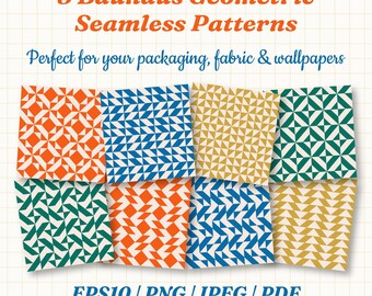 8 Bauhaus Geometric Seamless Patterns | Mid-Century Digital Paper Pack (EPS10, PNG, JPEG, PDF)