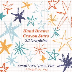 Conjunto de 22 imágenes prediseñadas de estrellas de crayón, estrellas de garabatos estilo infantil (eps10, PNG, JPEG, PDF)