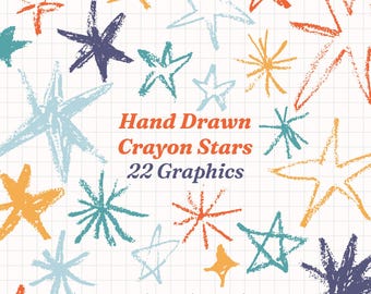 22 Crayon Stars Clipart Set, Kids Style Doodle Stars ( eps10, PNG, JPEG, PDF )
