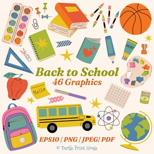 Gráficos para la vuelta al cole: autobús, mochila, globo terráqueo, material escolar (eps, png, jpeg, pdf)